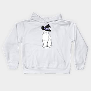 White Cat with Witch Hat Kids Hoodie